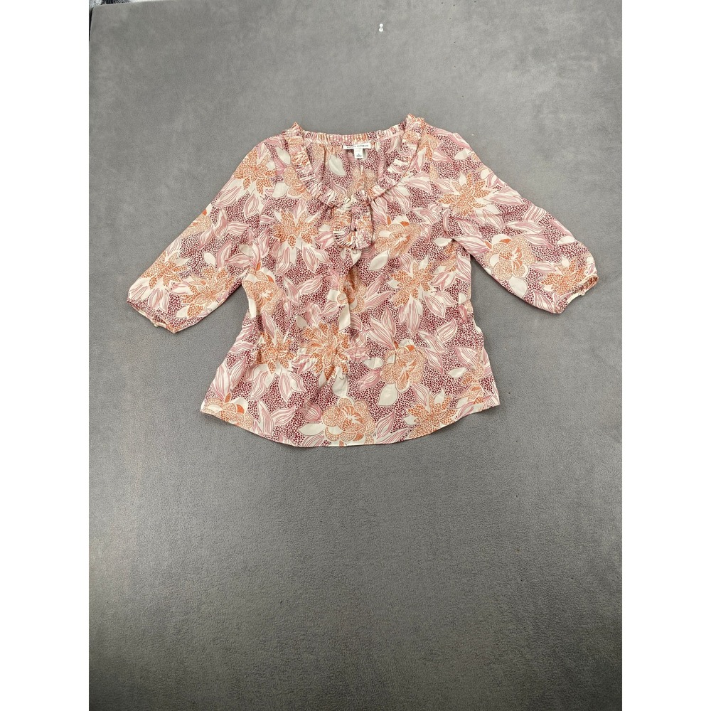 Banana Republic Womens Small Silk Floral Ruffle Blouse Pink Orange 3/4 Sleeve